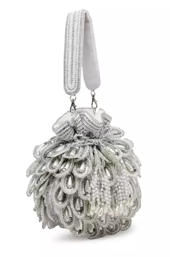 droop white & silver cut work embellished velvet potli