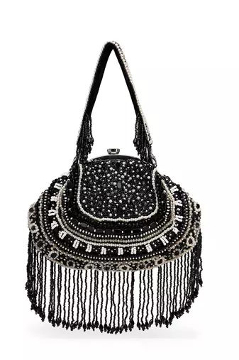 droop black & pastel multi bead work embellished faux silk clutch