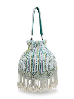 droop aqua blue , white & pastel multi striped embellished velvet potli 6