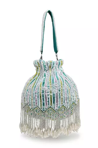 droop aqua blue , white & pastel multi striped embellished velvet potli