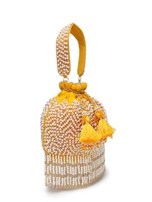 droop honey yellow & pearl chevron embellished velvet potli 5