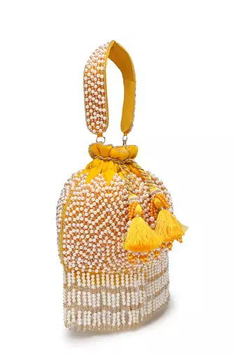 droop honey yellow & pearl chevron embellished velvet potli
