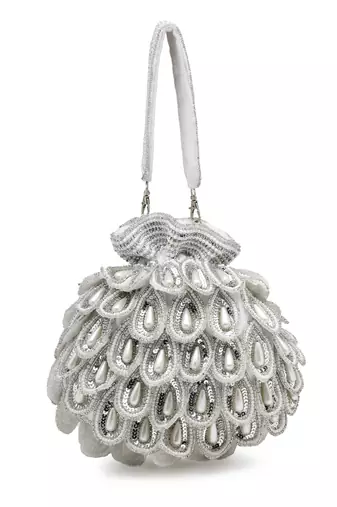 droop white & silver cut work embellished velvet potli