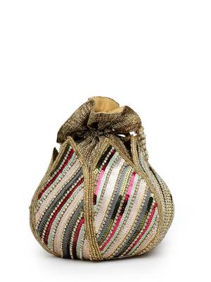 lotus golden & multi striped embellished faux silk potli 6