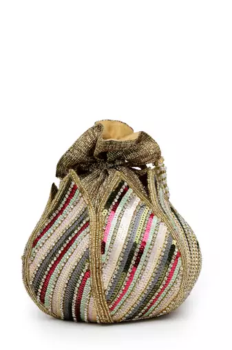 lotus golden & multi striped embellished faux silk potli