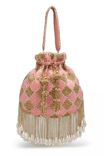 droop baby pink & gold diamond embellished velvet potli