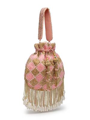droop baby pink & gold diamond embellished velvet potli 5