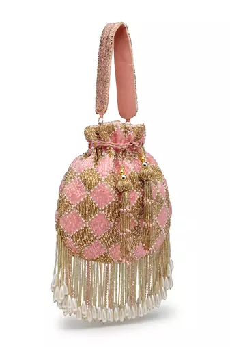 droop baby pink & gold diamond embellished velvet potli