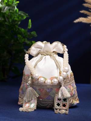 dangle white & multi lace embellished faux silk potli 1