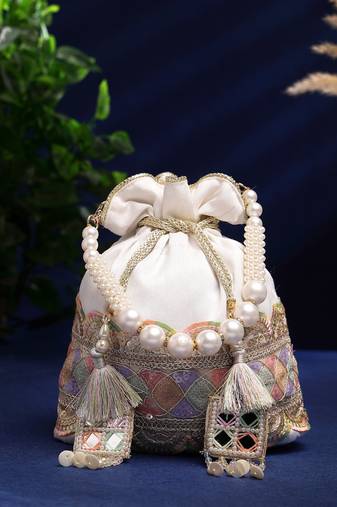 Anekaant dangle white & multi lace embellished faux silk potli