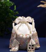 dangle white & multi lace embellished faux silk potli