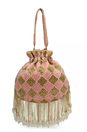 droop baby pink & gold diamond embellished velvet potli