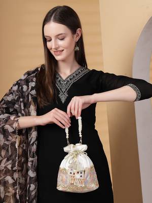 dangle white & multi lace embellished faux silk potli 3