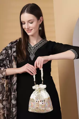 dangle white & multi lace embellished faux silk potli