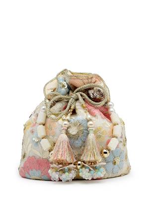 dangle off white & pastel multi floral embellished georgette potli 4