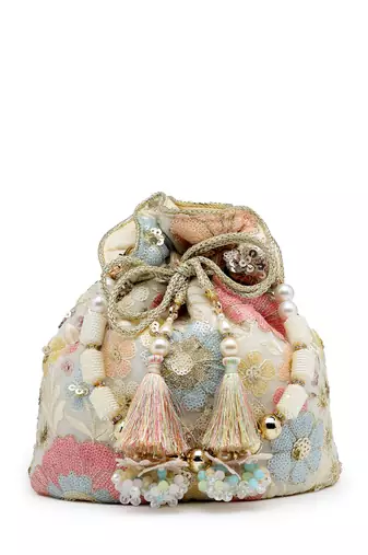 dangle off white & pastel multi floral embellished georgette  potli