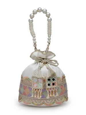 dangle white & multi lace embellished faux silk potli 4