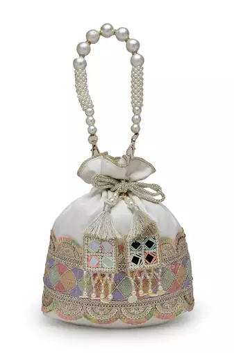 dangle white & multi lace embellished faux silk potli