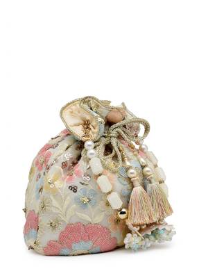 dangle off white & pastel multi floral embellished georgette potli 5
