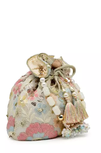 dangle off white & pastel multi floral embellished georgette  potli