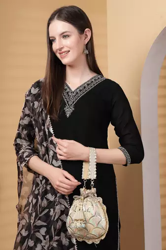 dangle champagne gold & pastel multi scale embroidered georgette potli
