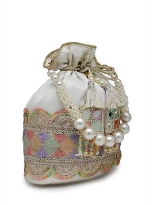 dangle white & multi lace embellished faux silk potli 5
