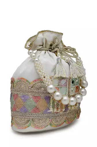 dangle white & multi lace embellished faux silk potli