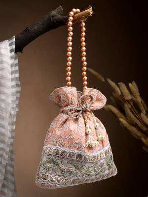 dangle peach parfait & golden floral embroidered faux silk potli 1