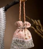 dangle peach parfait & golden floral embroidered faux silk potli