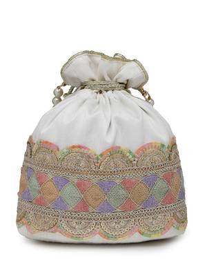 dangle white & multi lace embellished faux silk potli 6