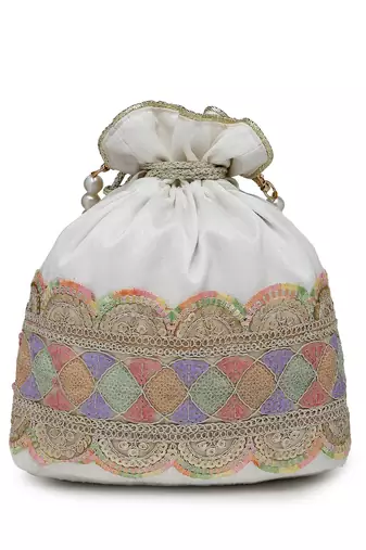 dangle white & multi lace embellished faux silk potli
