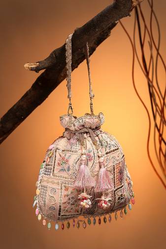 Anekaant dangle baby pink & multi abstract embroidered georgette potli