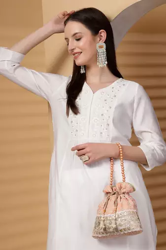dangle peach parfait & golden floral embroidered faux silk potli
