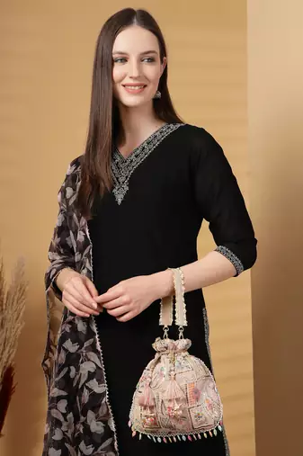 Anekaant dangle baby pink & multi abstract embroidered georgette potli