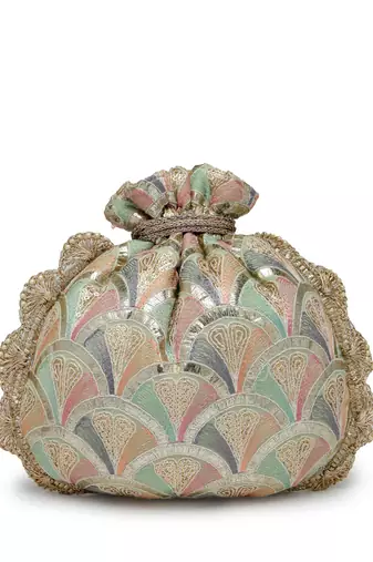 dangle champagne gold & pastel multi scale embroidered georgette potli