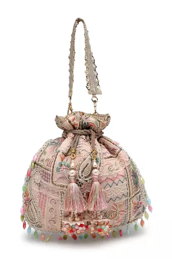 Anekaant dangle baby pink & multi abstract embroidered georgette potli
