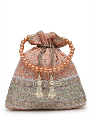 dangle peach parfait & golden floral embroidered faux silk potli 4