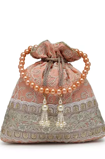 dangle peach parfait & golden floral embroidered faux silk potli