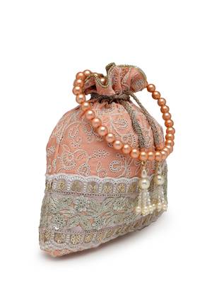 dangle peach parfait & golden floral embroidered faux silk potli 5