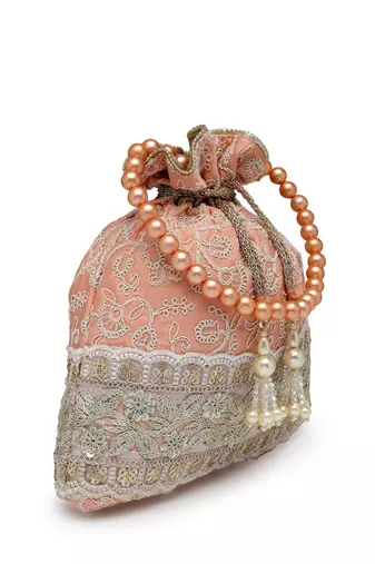dangle peach parfait & golden floral embroidered faux silk potli