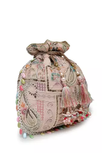 Anekaant dangle baby pink & multi abstract embroidered georgette potli