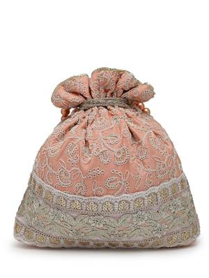 dangle peach parfait & golden floral embroidered faux silk potli 6