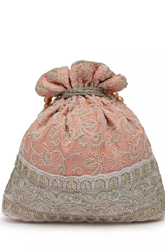 dangle peach parfait & golden floral embroidered faux silk potli