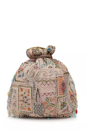 Anekaant dangle baby pink & multi abstract embroidered georgette potli