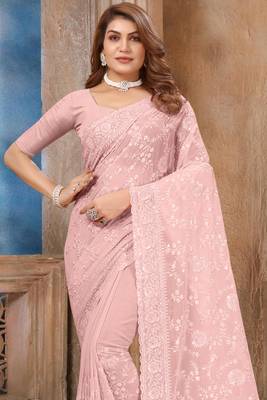 Pink Sequin embroidered Georgette Saree With Unstitch Blouse Piece 3