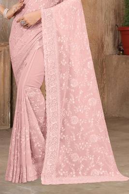 Pink Sequin embroidered Georgette Saree With Unstitch Blouse Piece 4