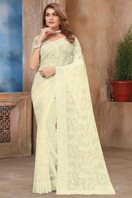 Off White Sequin embroidered Georgette Saree With Unstitch Blouse Piece 1
