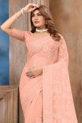 Peach Sequin embroidered Georgette Saree With Unstitch Blouse Piece 3