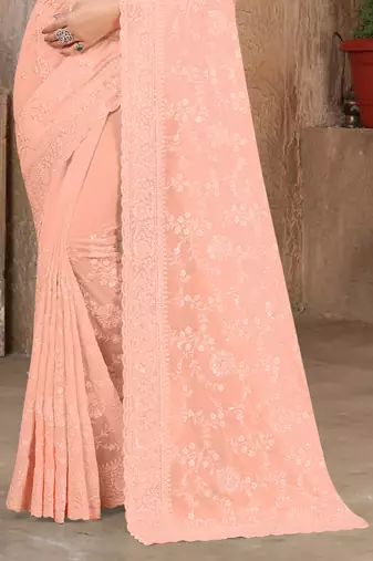 Peach Sequin embroidered Georgette Saree With Unstitch Blouse Piece