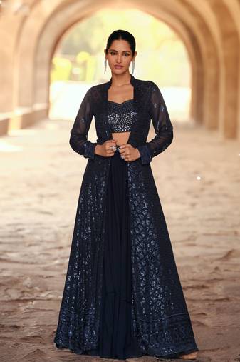 Navy Blue Georgette Lehenga Set - Jacket Style